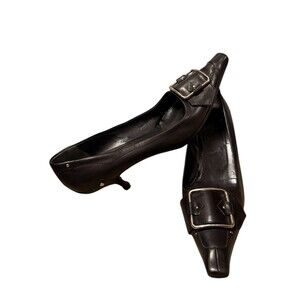 Prada Point Toe Kitten Heel Silver Buckle Black Leather Size 39.5 Vibram Y2K